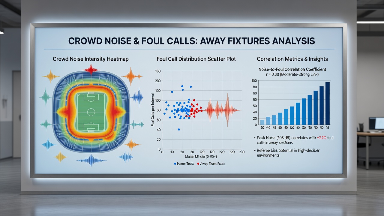 Datenanalysten überprüfen Foulstatistiken und Lärmkurven auf Monitoren während einer Premier League Übertragung