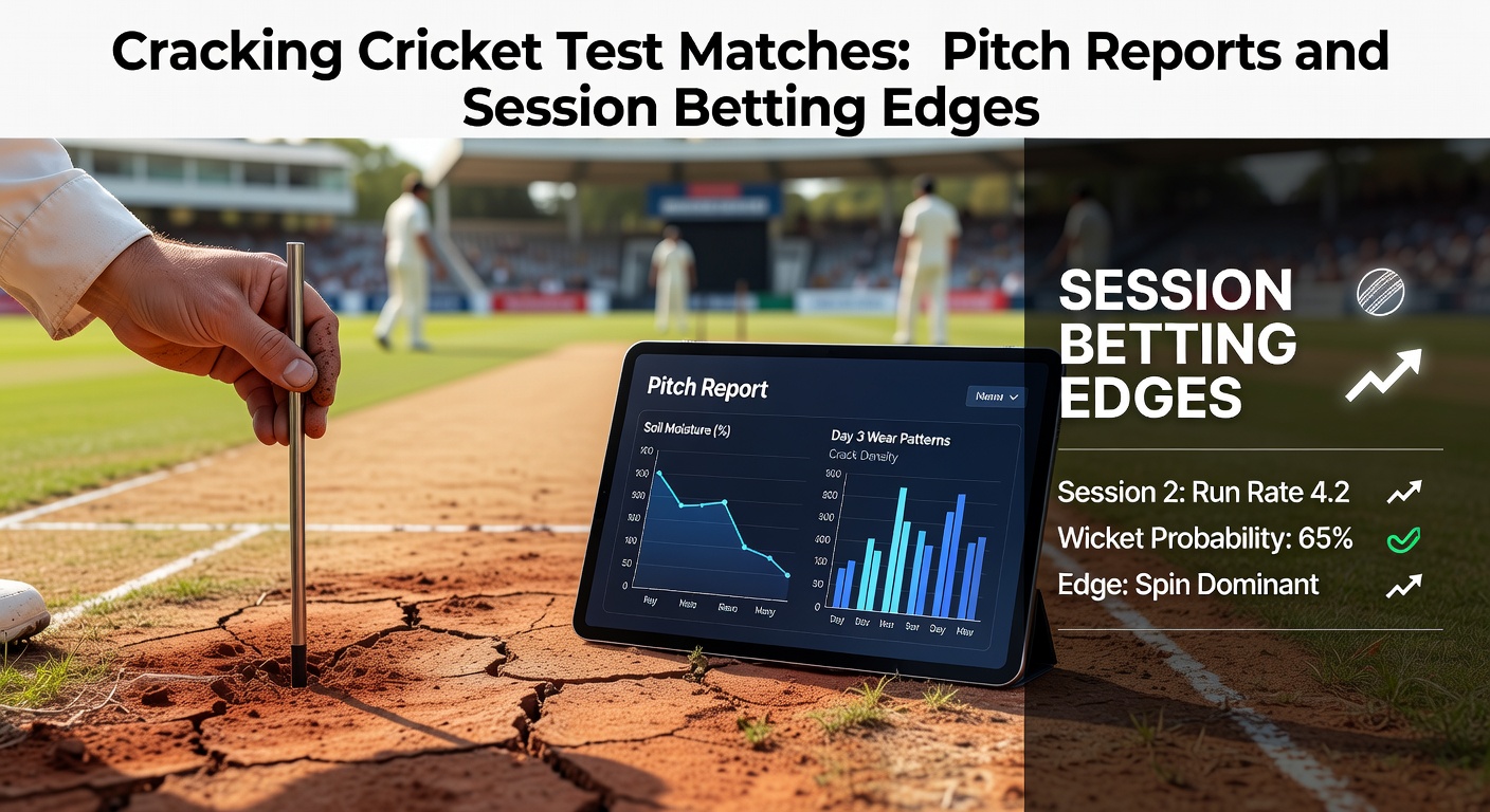 Ein Cricket-Pitch während eines Test-Matches, der Risse zeigt und Spinnern Vorteile bietet
