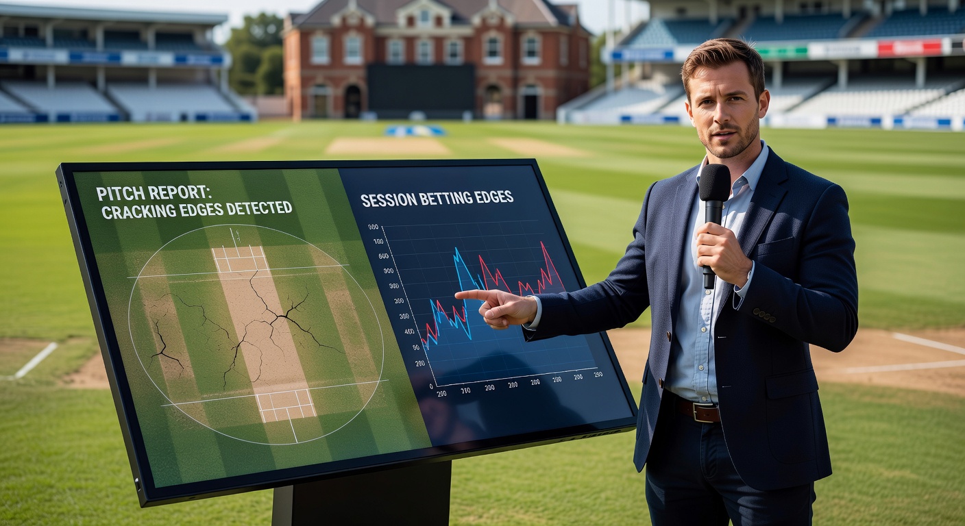 Analysten untersuchen einen Cricket-Pitch-Report auf einem Tablet während eines laufenden Test-Matches
