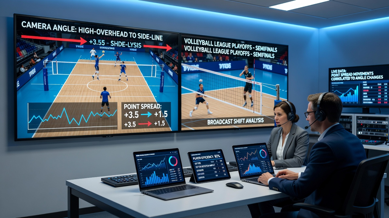 Broadcast-Kameraaufnahmen während eines Volleyball-Playoff-Spiels mit Fokus auf Winkelwechsel und Spielfeldperspektiven