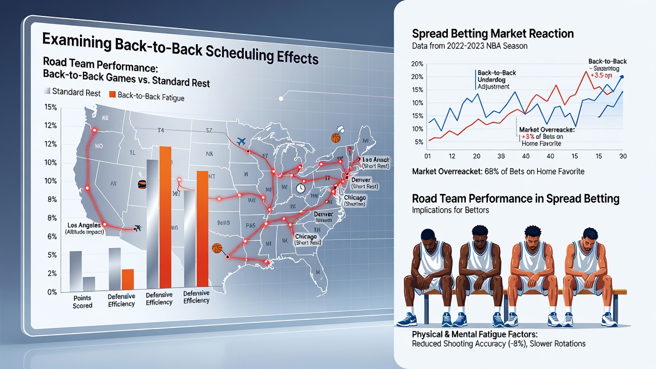Datenvisualisierung zu Reiseeffekten und Spread-Abweichungen bei Back-to-Back-Spielen im Basketball
