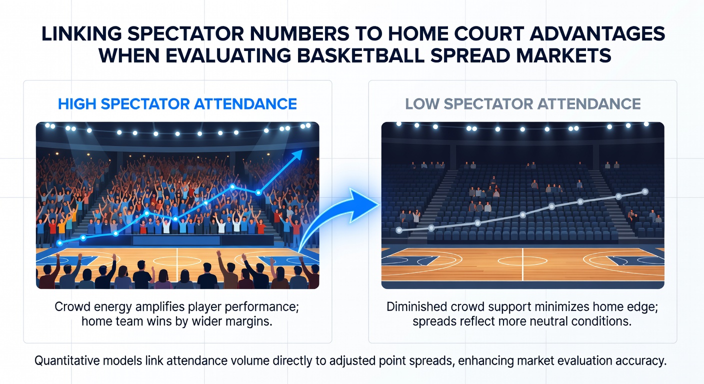 Statistical chart overlay on basketball court illustrating spectator numbers versus home team performance margins