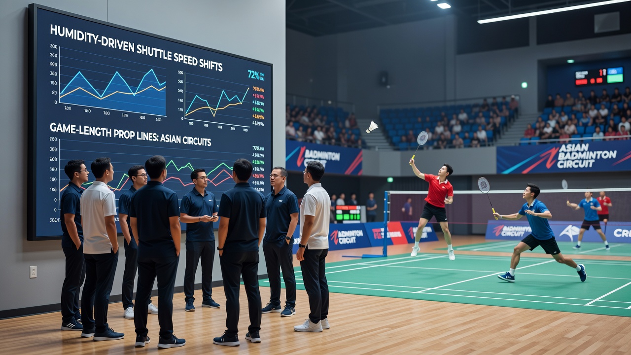 Badminton-Spiel in feuchter Halle mit sichtbaren Federbällen und Spielern während einer Rallye in einem asiatischen Turnier
