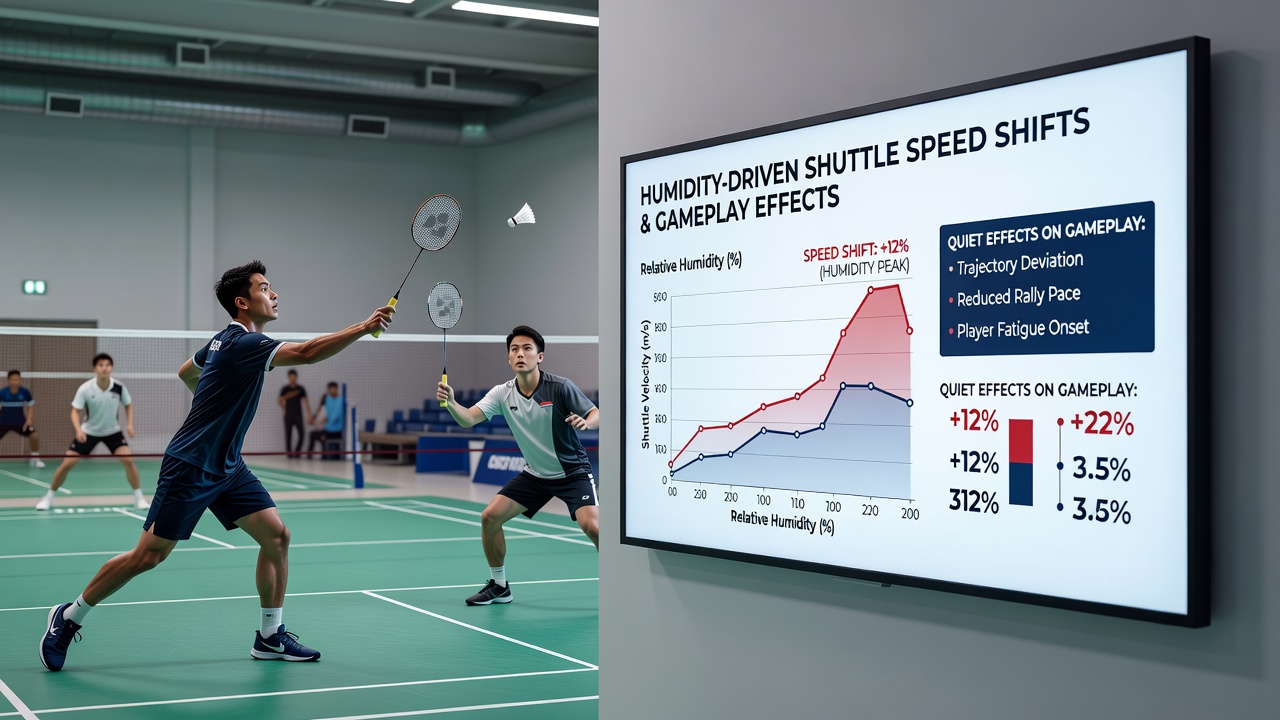 Detailaufnahme eines Badminton-Federballs im Flug mit Messdaten zur Geschwindigkeit in einer feuchten Umgebung