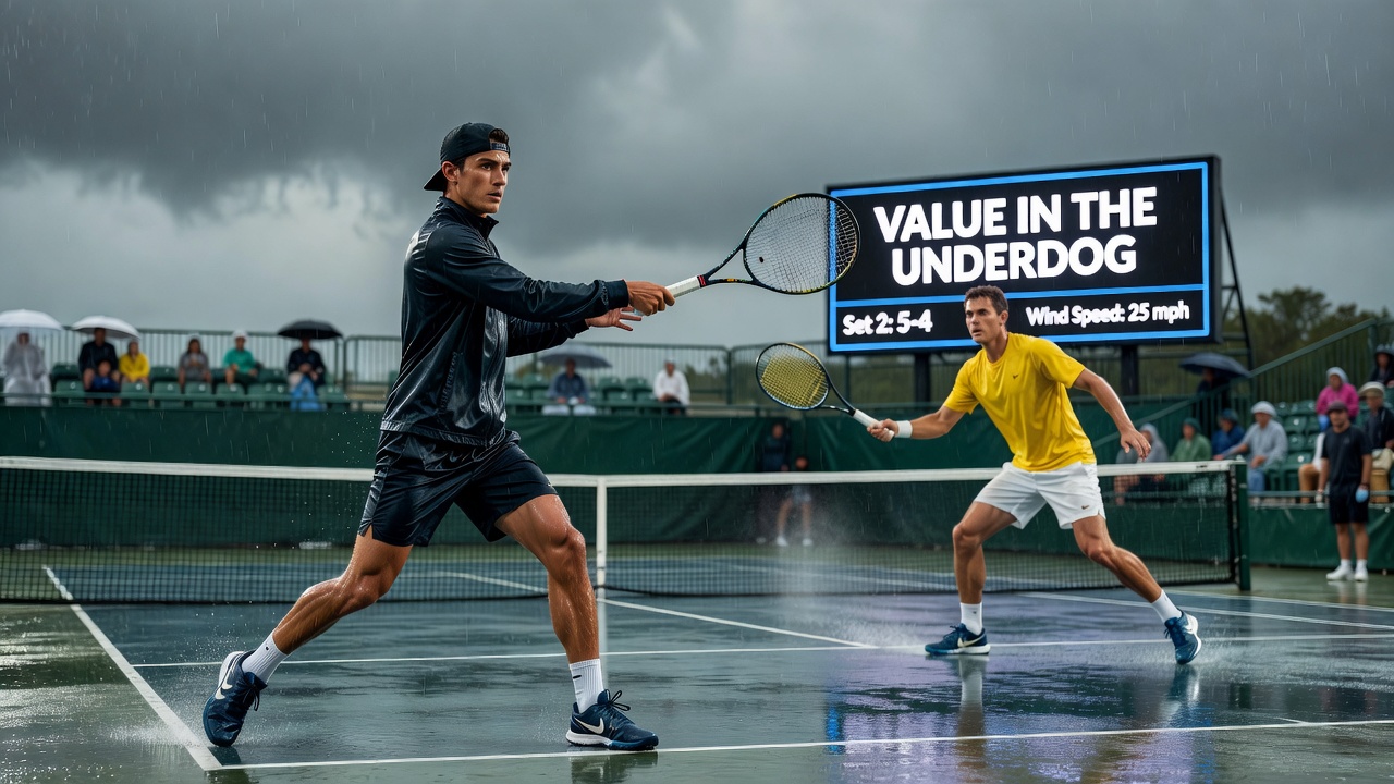 Tennisplatz bei Regen und Wind mit sichtbaren Spielunterbrechungen