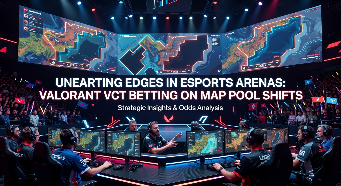 Valorant VCT-Spieler in intensivem Map-Kampf während eines Turniers, mit überlagerter Map-Pool-Grafik